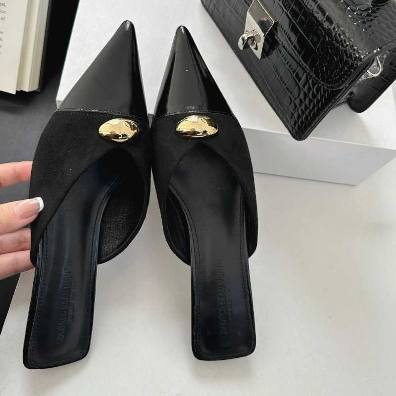 Metal Buckle Pointed Toe Mules Elegant Low Heel Slippers Fem Brand Designer Sandals for Women Pumps Y250716