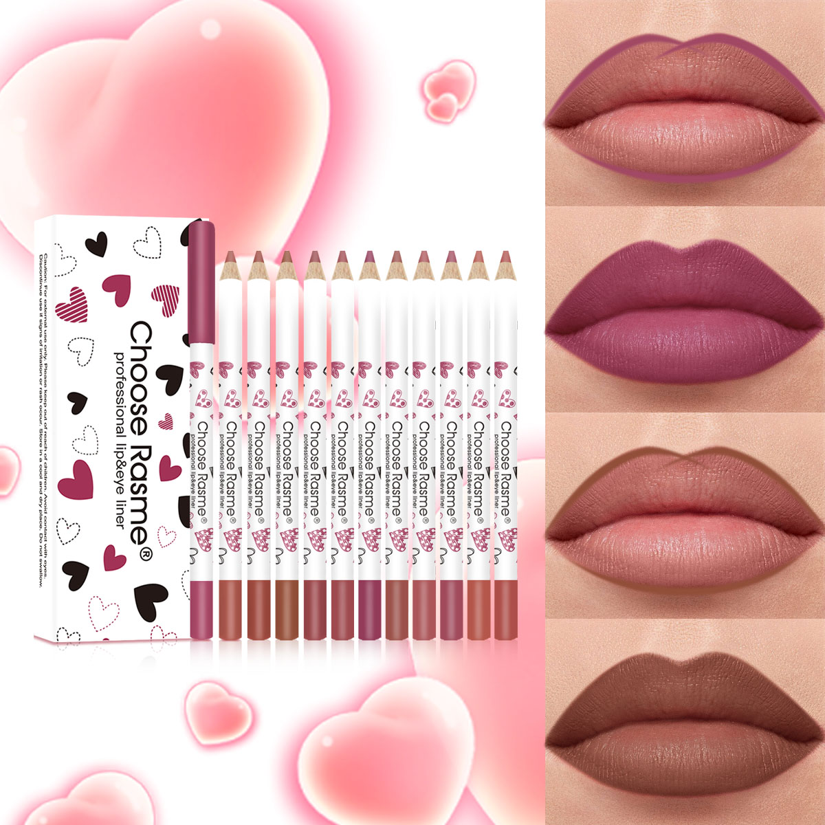 Choose Rasme 12PCS Heart-Shaped Lip Liner Set - Waterproof Matte Lip Pencils, Cute Love Design Long Lasting Lipstick Outline Makeup Kit
