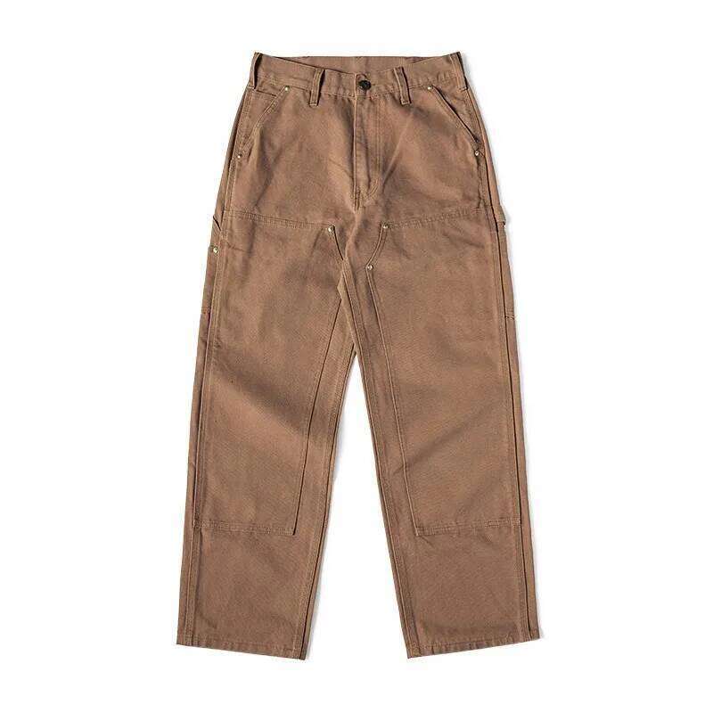 QT Old Era Double Knee Reinforced Canvas Overalls Double Knees American Retro Straight Thick Casual Pants