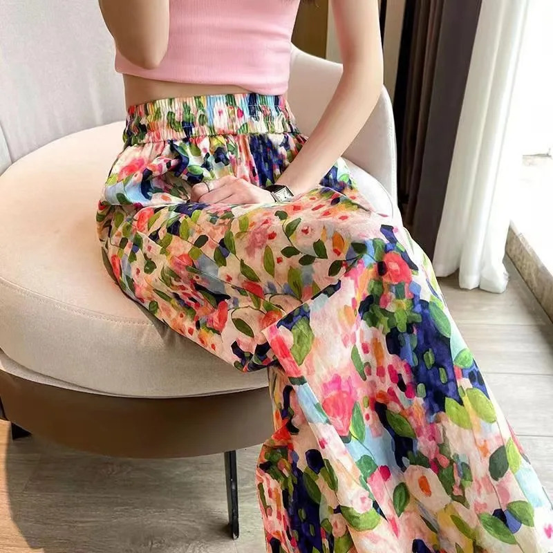 Beach Pants Loose WideLeg Pant Female Seaside Leisure INS High Waist Cropped Straight Floral Trousers 2024 Summer 250714