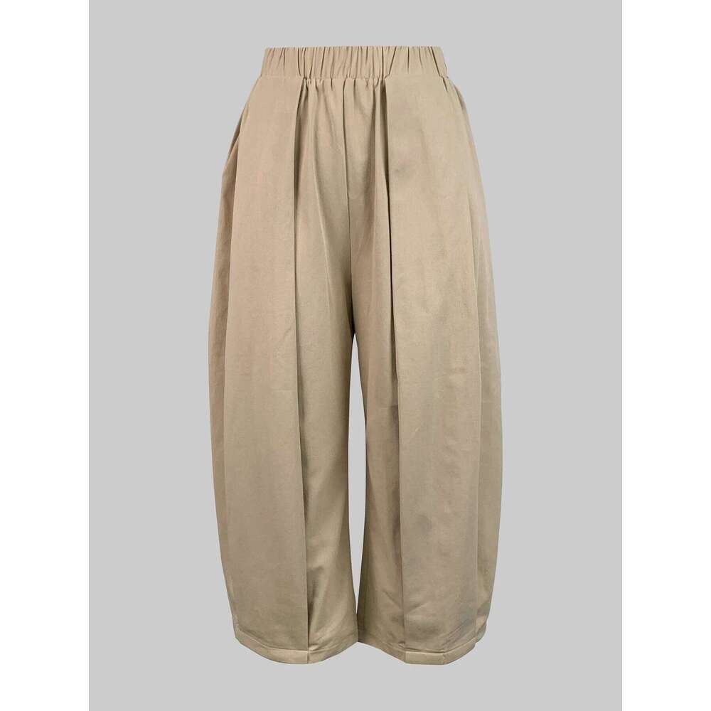 Beautyblue Khaki Women's Wide-leg Capri Pants Summer New Fashion Pocket Elastic Waist Loose Cotton Cropped Trousers