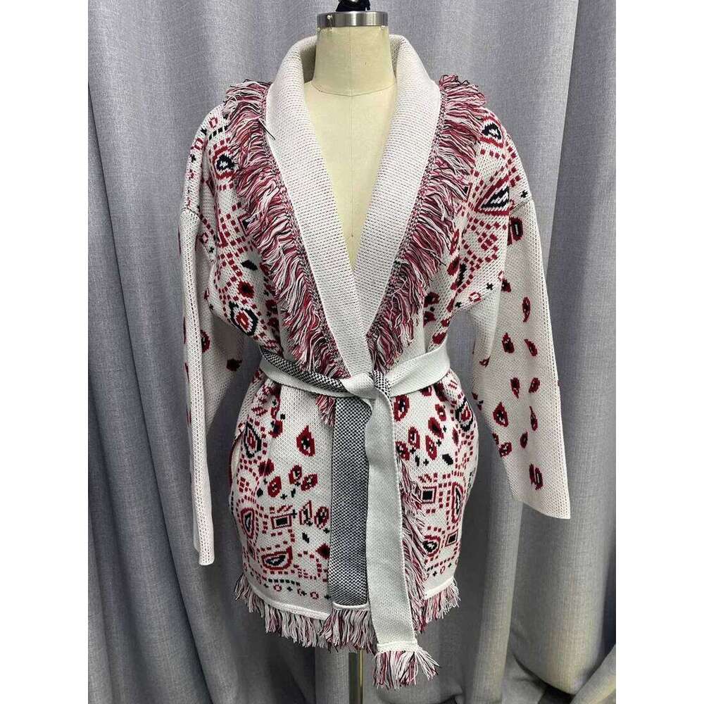 Designer Clothing Boho Inspired Women's Elegant Belt Cashmere Women High Quality Wool Tassels Jacquard Grey Knit Cardigan Long Oversized Fashion