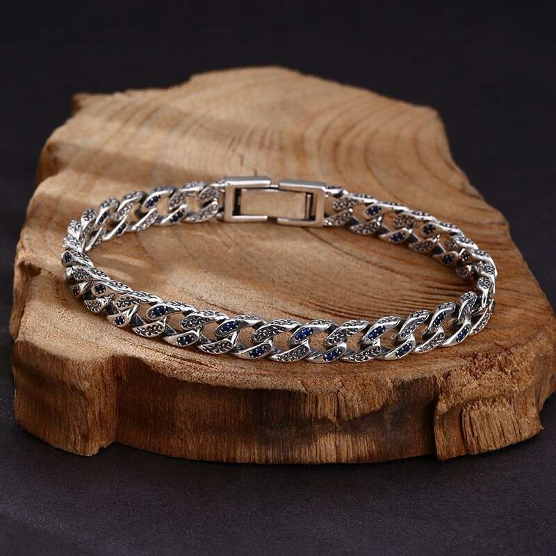 Plated New Thai Sier Bracelet Cuban Tang Grass Pattern Flat Chain Personality Trendy Men's Ethnic Style Simple New jewelry