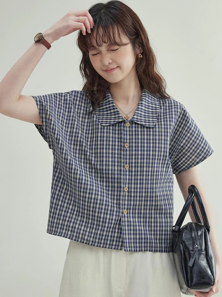 Zoki Women Vintage Plaid Shirt Casual Loose Summer Short Sleeve Blouse American Preppy Style Female Simple Retro Buttons Tops 250717