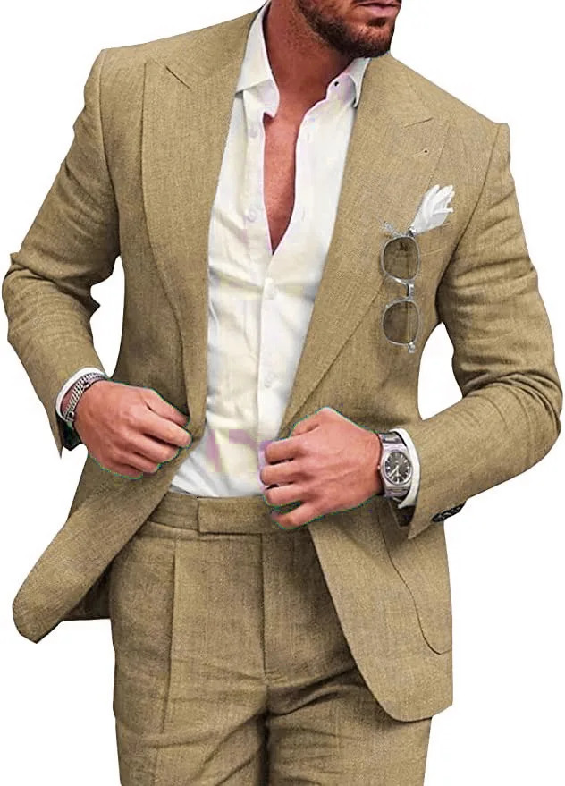 Korean Version Linen Solid Color Business Two-piece Set Mens Spring Casual Back Slit Single Button Lapel Suit Trousers 250715
