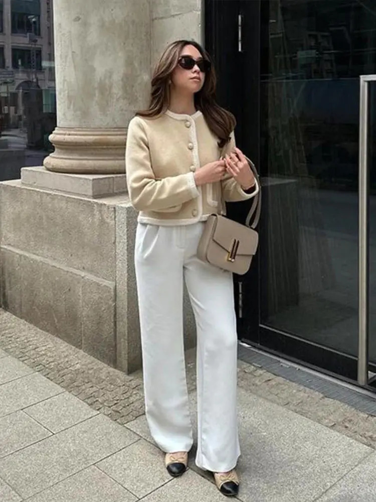 Chic Patchwork Single Breasted Knitting Cardigan Women Elegant O Neck Long Sleeve Pocket Sweater Coat Office Lady Crop Top 250715