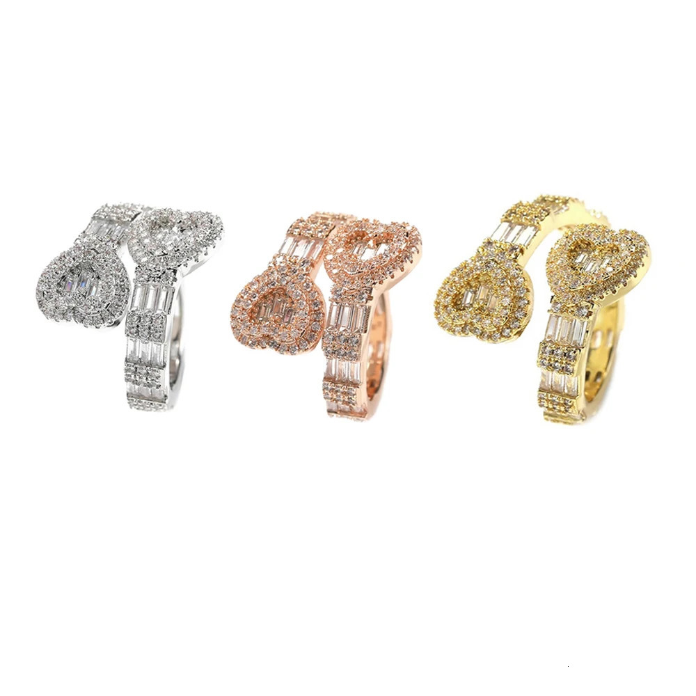 Iced Out Bling Square Heart CZ Adjustable Size Ring Gold Silver Color Micro Pave Rings Hip Hop for Men and Women Jewelry 250717
