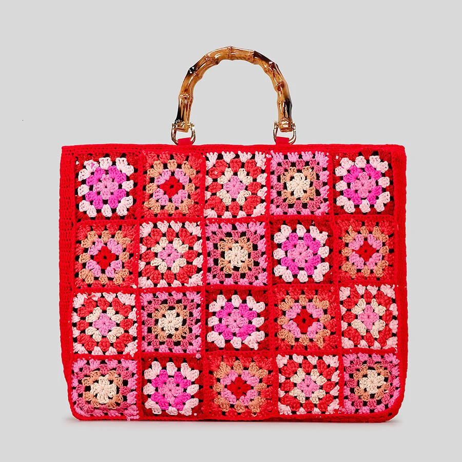 Fashion Granny Square Weave Women Handbags Behemian Knitting Bamboo Handle Large Tote Bag Candy Color Big Female Shopper Purses 250717