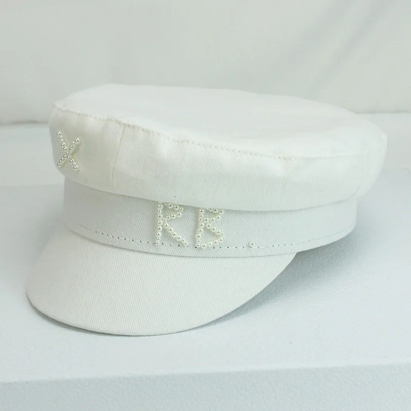 Women Pearls RB Letter Militray Hat Fashion Streetwear Navy Hat Adjustable Flat Top sboy Caps Casual Gorras Visor Hats 250717