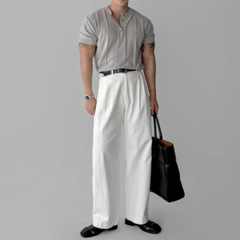 Fashion Men Henry Collar T-Shirt Leisure Knit Short Sleeve Tops Korean Style Summer Stretchy Breathable Fitness Tees 250715