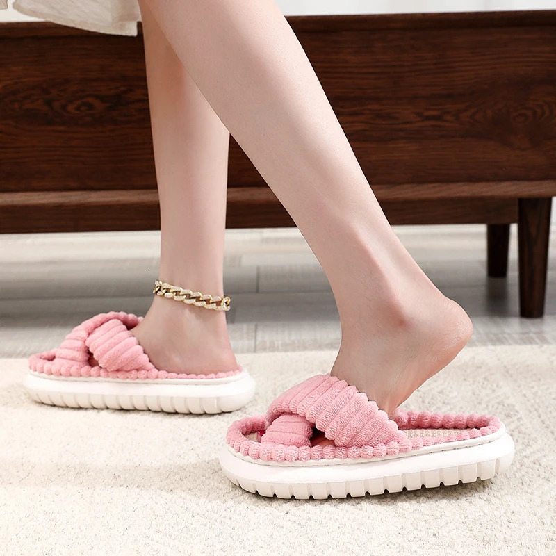 2024 Autumn Winter Women Home Slippers Open-Toe Cross Band Linen Soled Indoor Slides Linen Soled Non-Slip Bathroom Slippers 250716