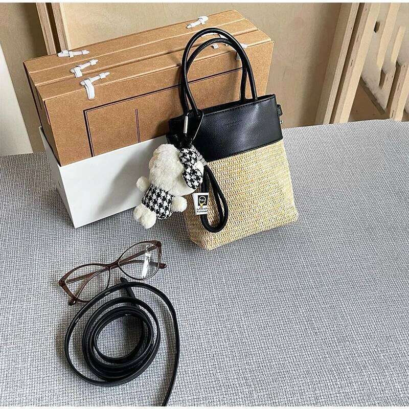 Summer Straw Beach Retro Patchwork Brown Raffia Tote Designer Women Crossbody Bucket Bag Color Blocking Long Shoulderbag