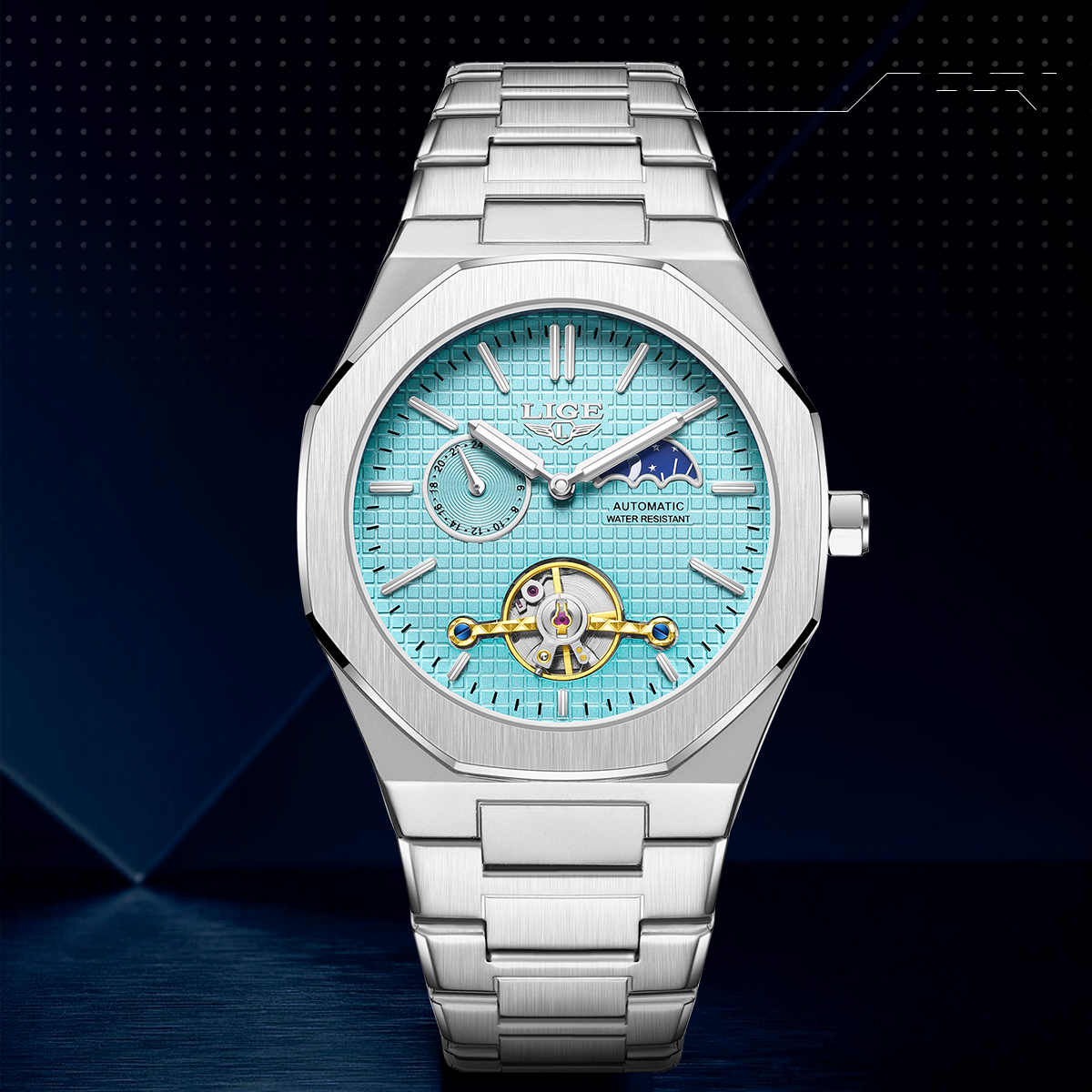 LIGE Men's Mechanical Watch Automatic Tourbillon Stainless Steel Strap 30m Waterproof Watch Moon Phase Fashion Business Watch Holiday Gifts