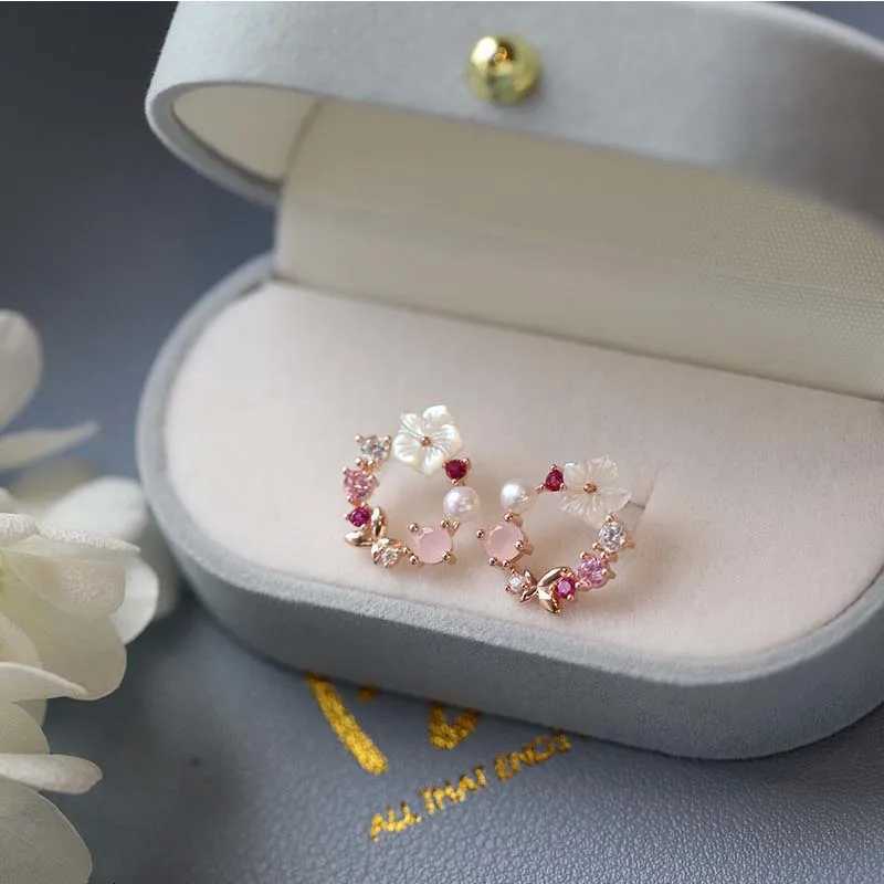 2K Pink Crystal Flower Pearl Butterfly Ear Studs Summer New Arrival Korean Fashion Luxury Hoop Earrings for Women Jewelry Gift XJ250718