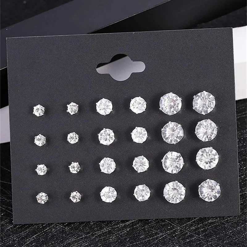 12 Pairs/Pack White Shiny Wedding Stud Earrings Set for Women Men Crystal Earrings Jewelry Accessories Gifts XJ250718