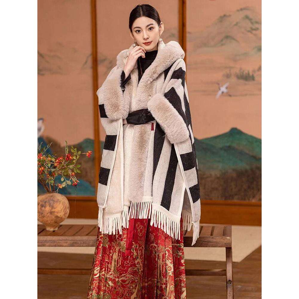 Designer Clothing Fashion Comfort Faux Fur Wool Blends Cape Coat Hood Women Winter Long Loose Thicken Lining Warm Cardigan Outerwear Wraps Fashion