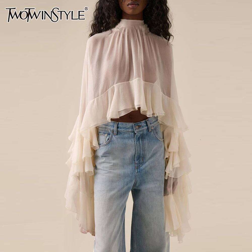 Solid Loose Sheer Blouses for Women High Neck Long Sleeves Patchwork Ruffles Folds Elegant Blouse Female Clothing