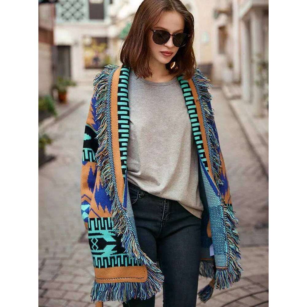 Designer Clothing Jacquard Knit Fringe Street Wear Fashion Icon Women Warm Long Sleeve Belt Tied Cardigan Coat Fashion