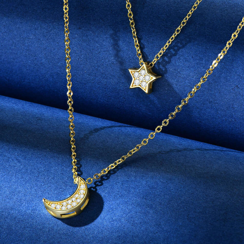 Moissanite Double Layer Star Moon Necklace for Women, Ins Style, Niche Minimalist, Korean and Japanese Trendy, Elegant Pure Sier Collarbone Chain