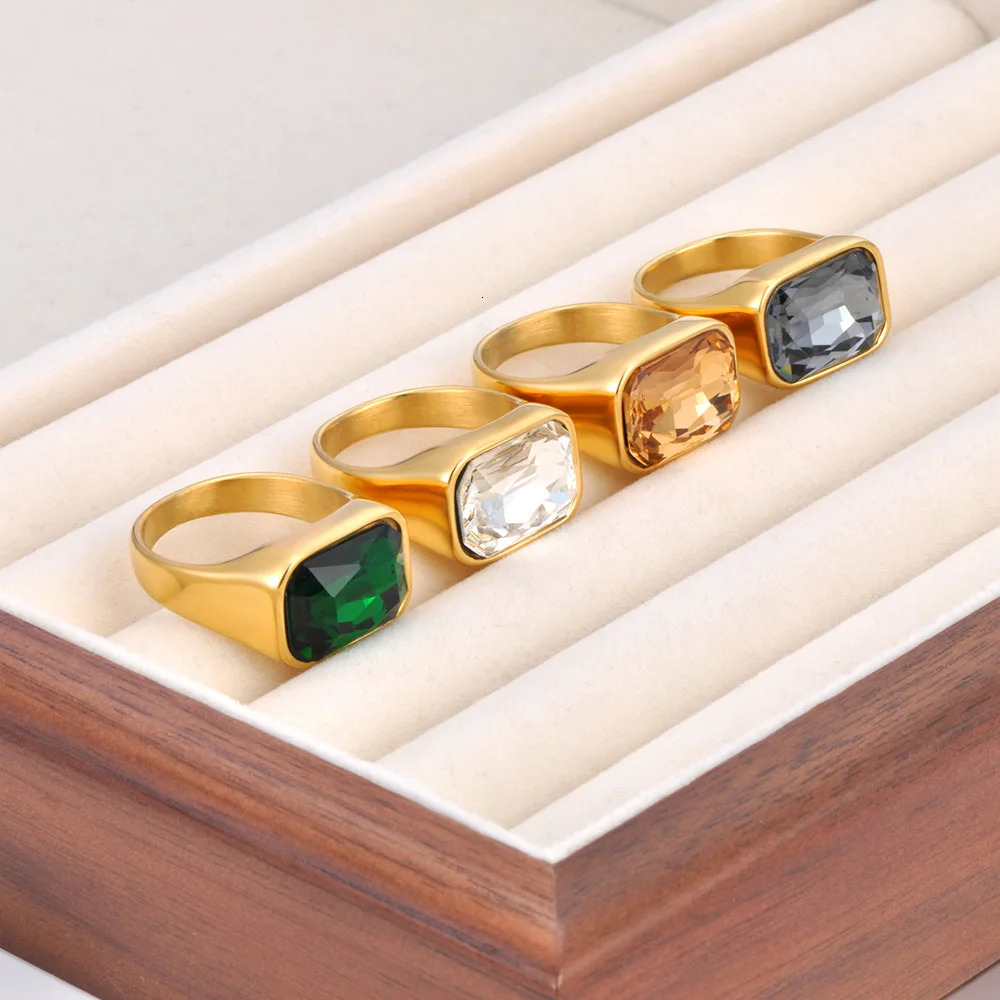 Shiny Cubic Zirconia Stainless Steel Wedding Statement Ring 18K PVD Gold Plated Fashion Waterproof Jewelry R24007 250715