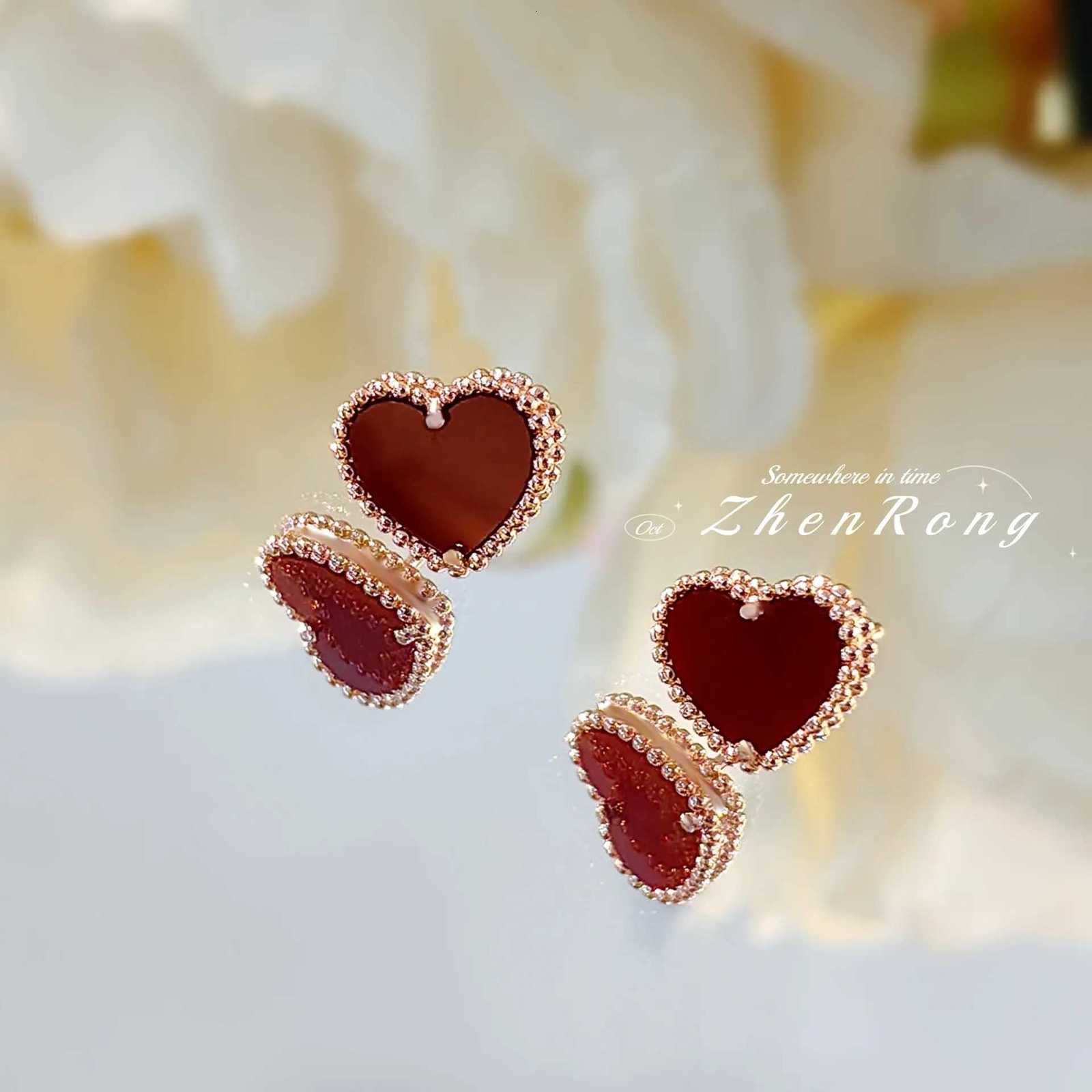 2024 New Trend Korean Fashion Natural Red Agate Heart-shaped Design Stud Earrings Womens Simple Ear Accessories XJ250718