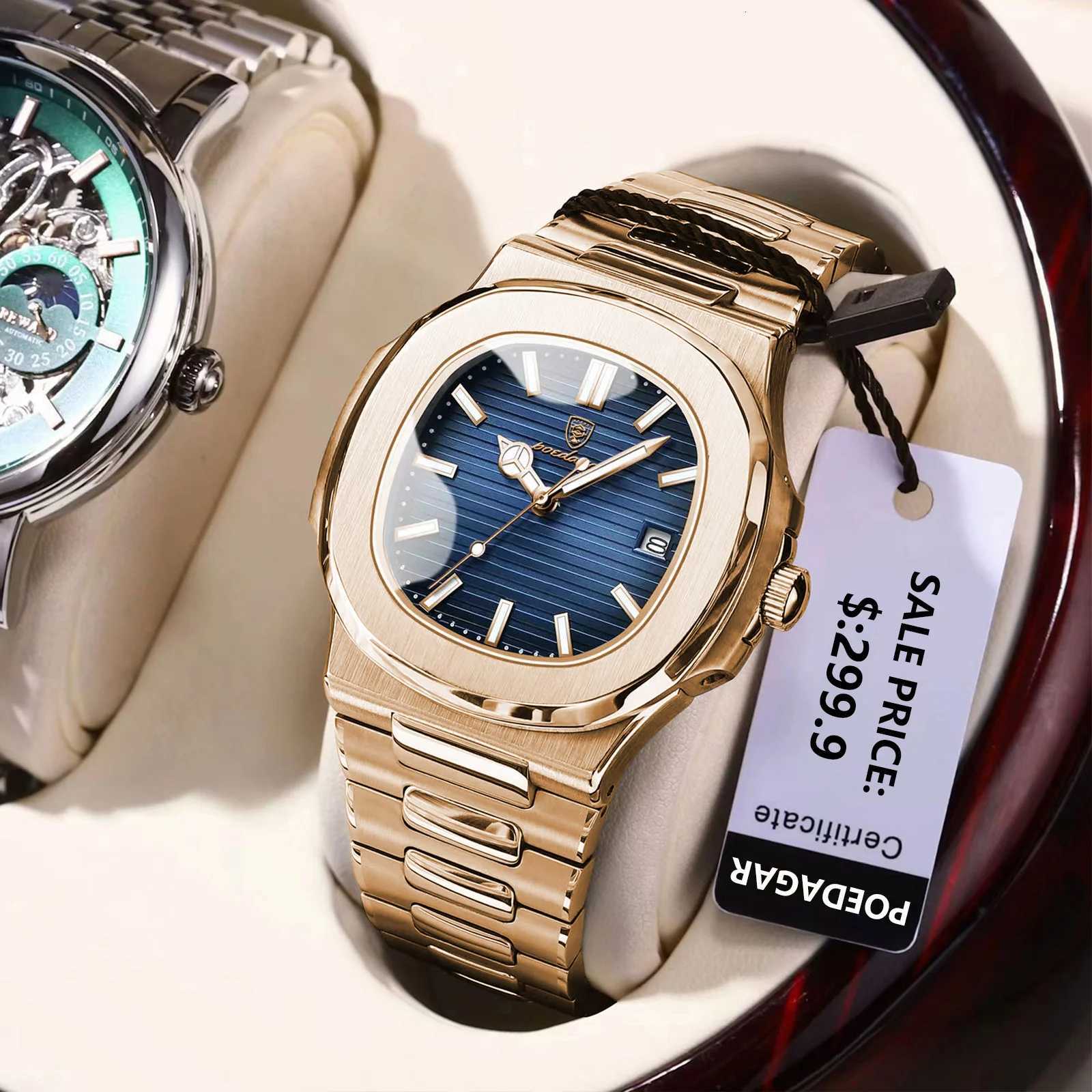 POEDAGAR Fashion Business Mens Watch Waterproof Luminous Date Stainless Steel Mens Quartz Watch Luxury Square Mens Watches Reloj W250718