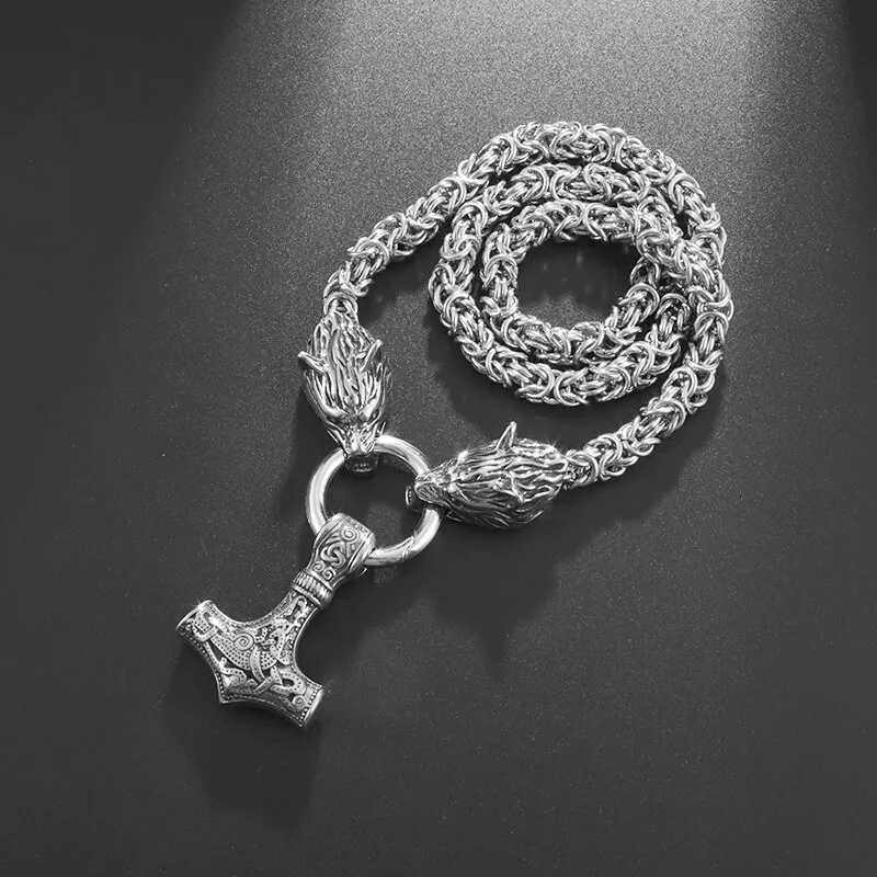 igh Quality Vintage Nordic Necklace Doub Wolf Thors Hammer Pendant Necklace Men Stainss Steel Jewelry Gift W250718