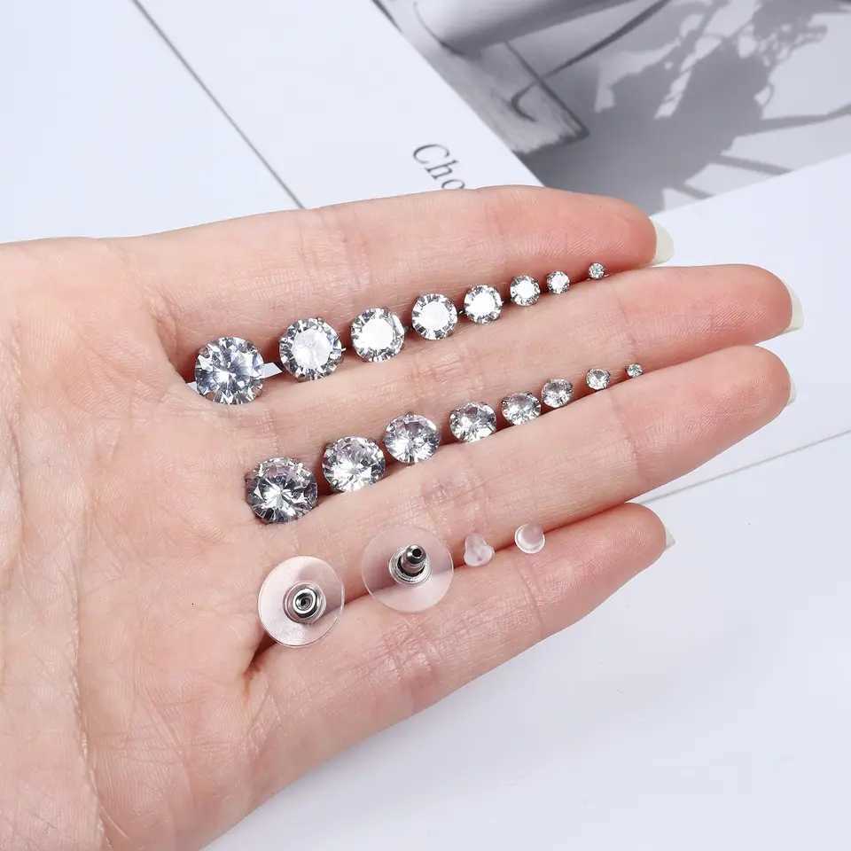 1 Pair 316L Stainless Steel 2-8MM Round/Square Crystal Cubic Zirconia Stud Earrings Set for Women Men Cartilage Helix Ear Jewelry XJ250718