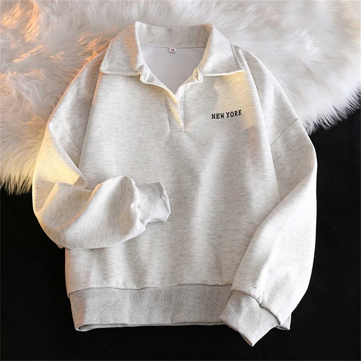 Fashion Vintage Neck Hoodies Women 2025 Autumn Winter New Long SLeeve Pullover Tops Chic Korean Streetwear Casual Loose Top Z250719