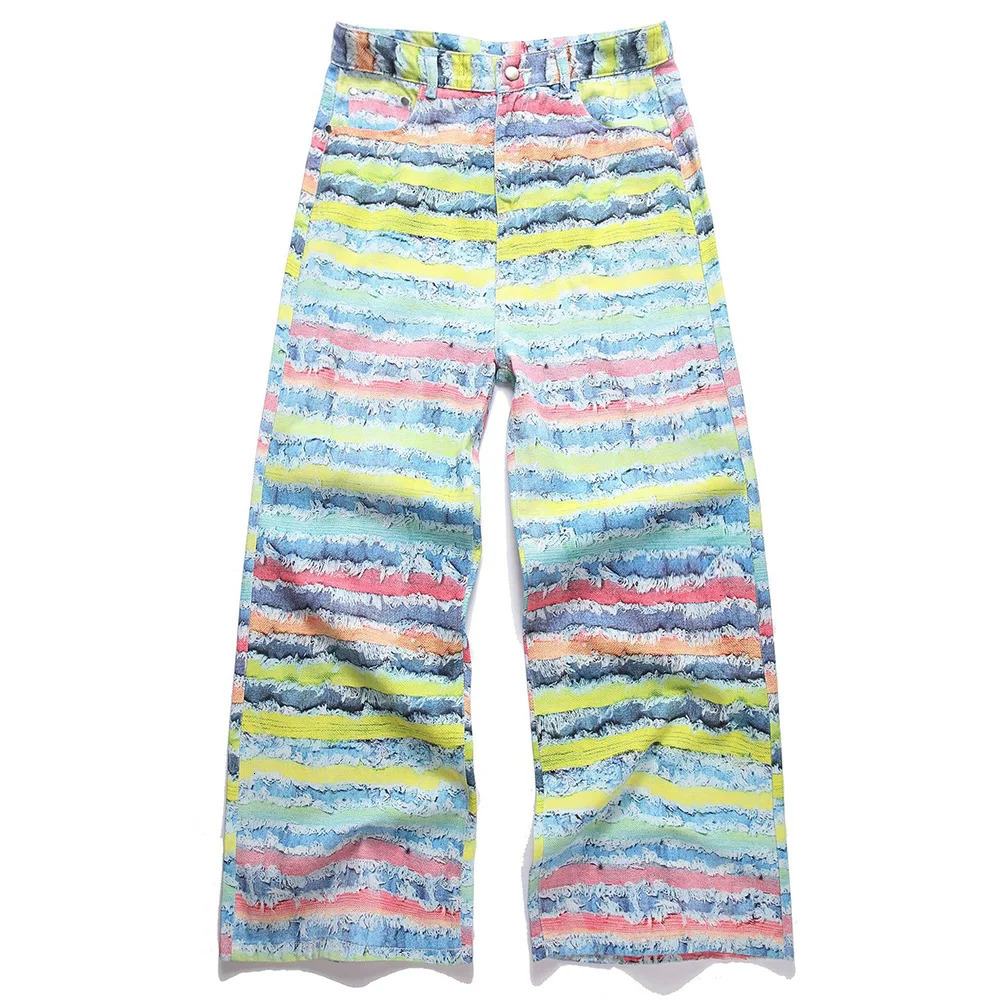Men Y2K Wide Leg Jeans Colored Stripe Printed Pants Loose Cotton Denim Trousers 250716