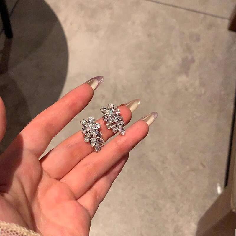 S Sier Needle Versatile Elegant Socialite Zircon Flower for Women Light Niche High-end Earrings Internet Celebrity Ear Jewelry