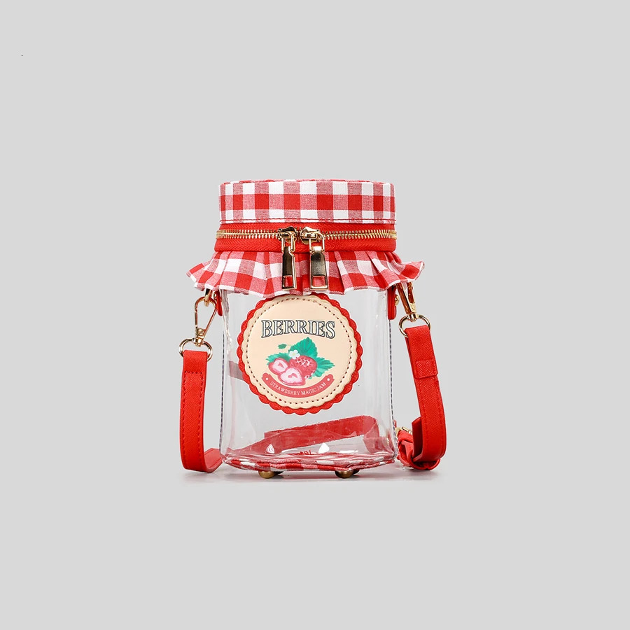 Cute sweet strawberry jam jar crossbody bag for women funny transparent pvc shoulder bags creative novelty small purses 250717