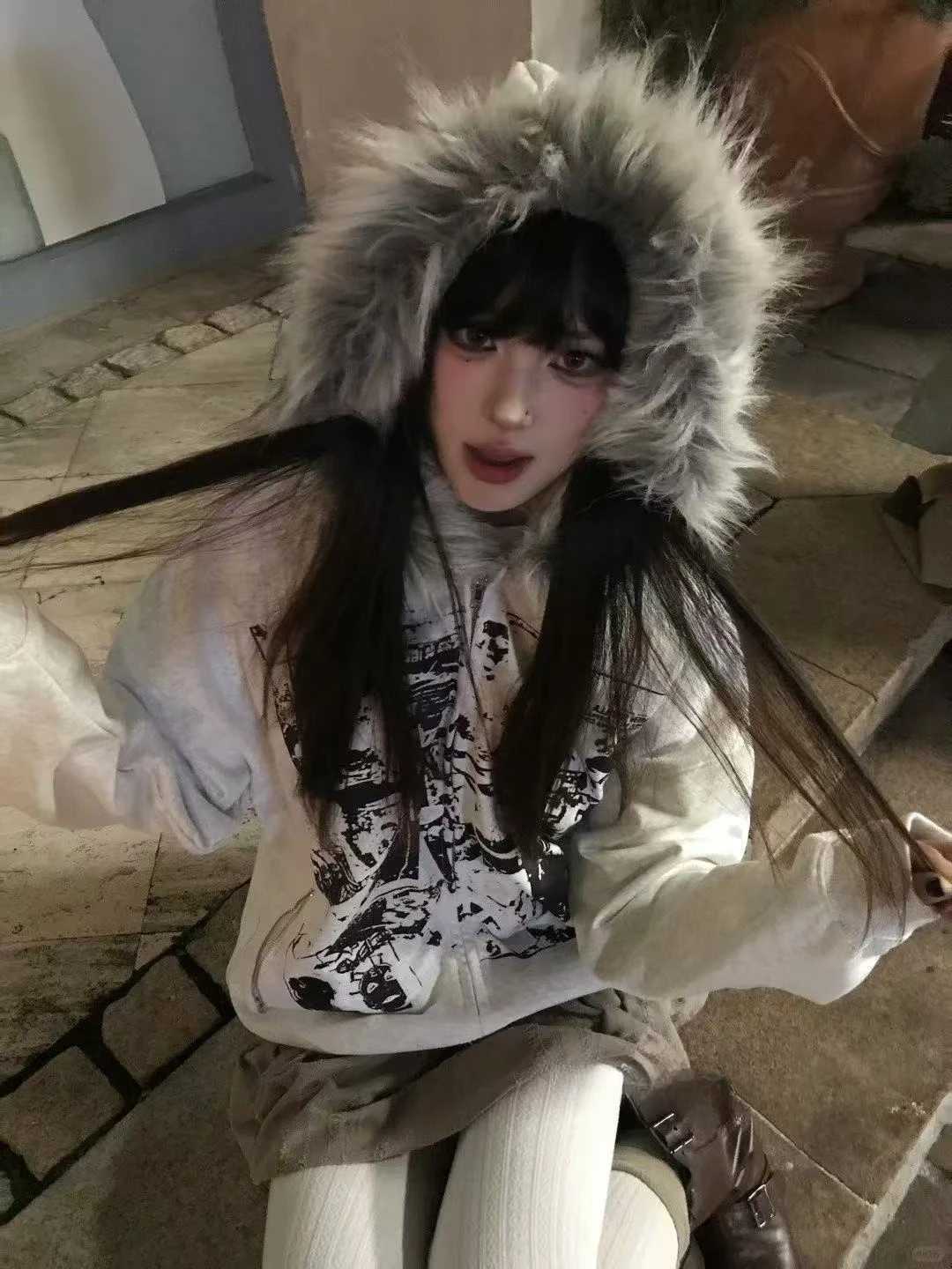 Vintage Sweatshirts 2024 Womens Clothes White Print Tunic Hooded Y2k Coat Streetwear Fashion Casual Hoodies Tops Ropa Mujer Z250719