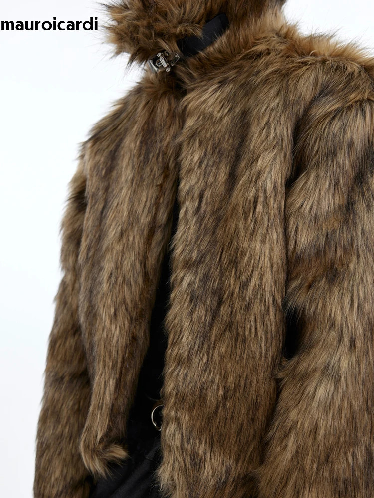 Mauroicardi Winter Short Thick Warm Brown Hairy Soft Faux Fur Coat Men with Turn-down Collar Long Sleeve Fluffy Jackets 250715