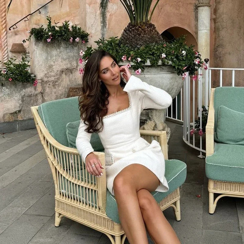 Elegant Womens Mini Dress Autumn White Nail Bead Square Collar Long Sleeve Female Dresses Fashion Lady Slim Vestidos 250715