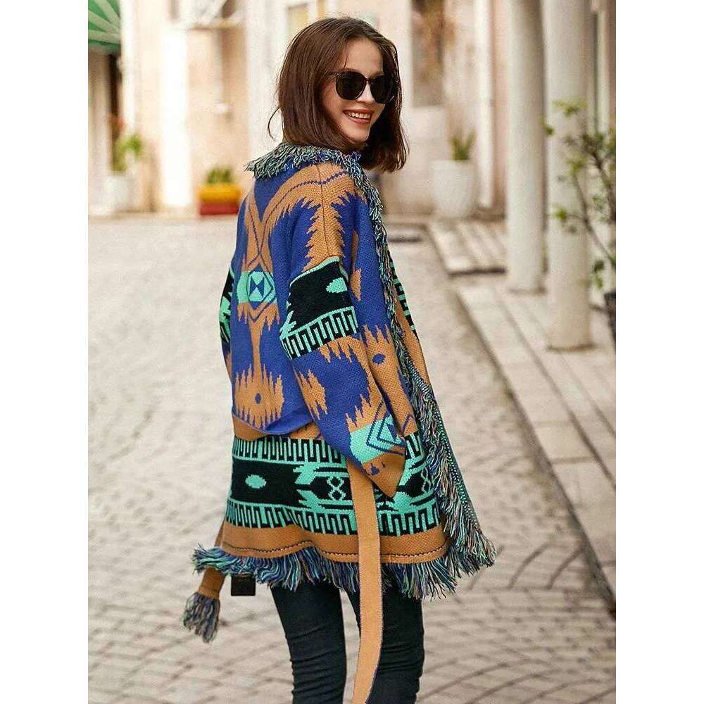 Designer Clothing Jacquard Knit Fringe Street Wear Fashion Icon Women Warm Long Sleeve Belt Tied Cardigan Coat Fashion