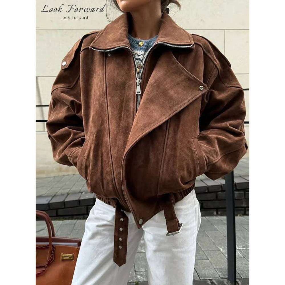 hoodie Vintage Suede Jacket Women Belt Loose Lapel Zippers Pockets Outerwears Lantern Sleeve Brown Coats Lady Spring Autumn Streetwear jacket