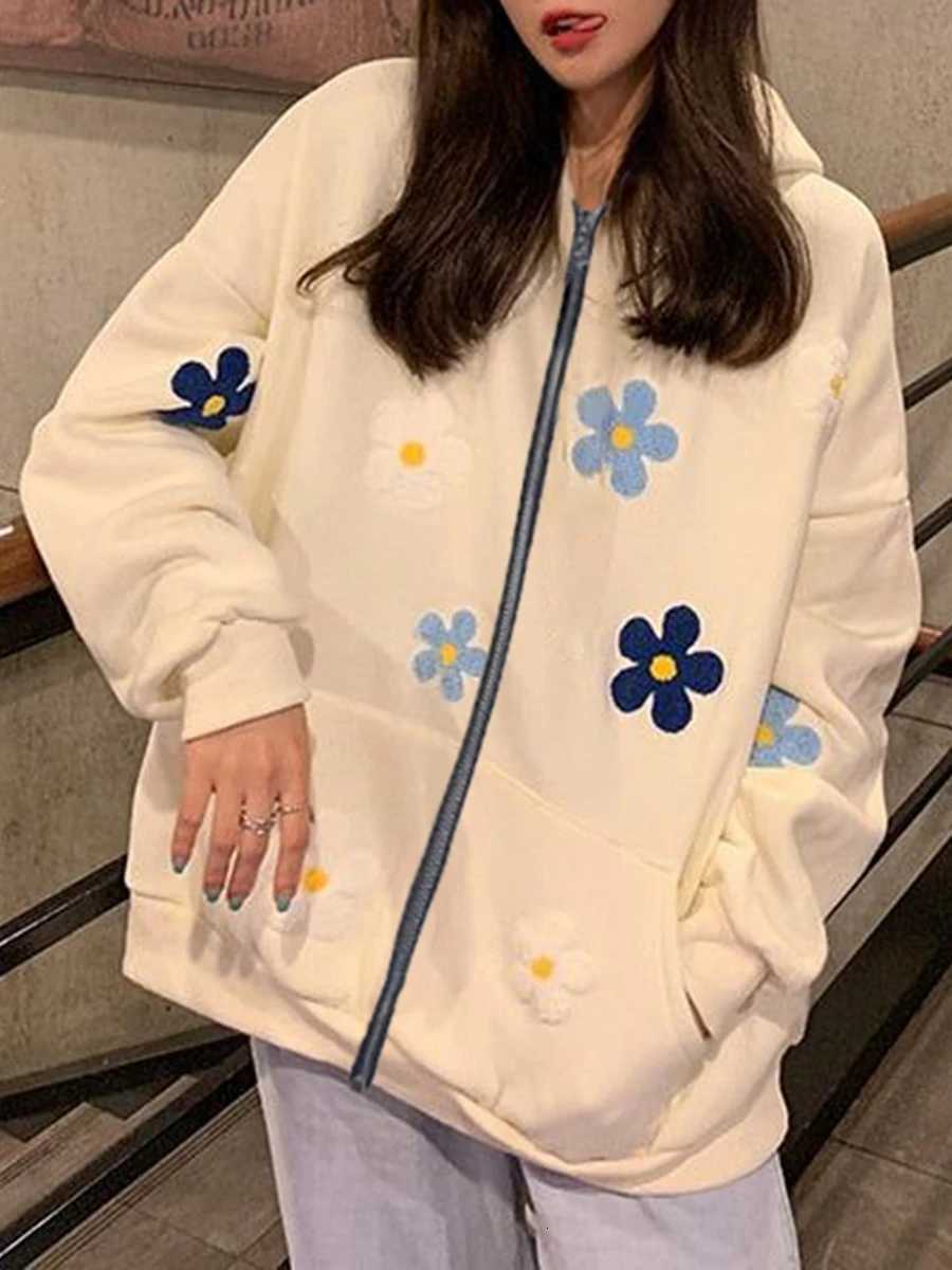 Women s Floral Embroidery Hoodie Long Sleeve Hood Sweatshirt with Front Pocket Z250719