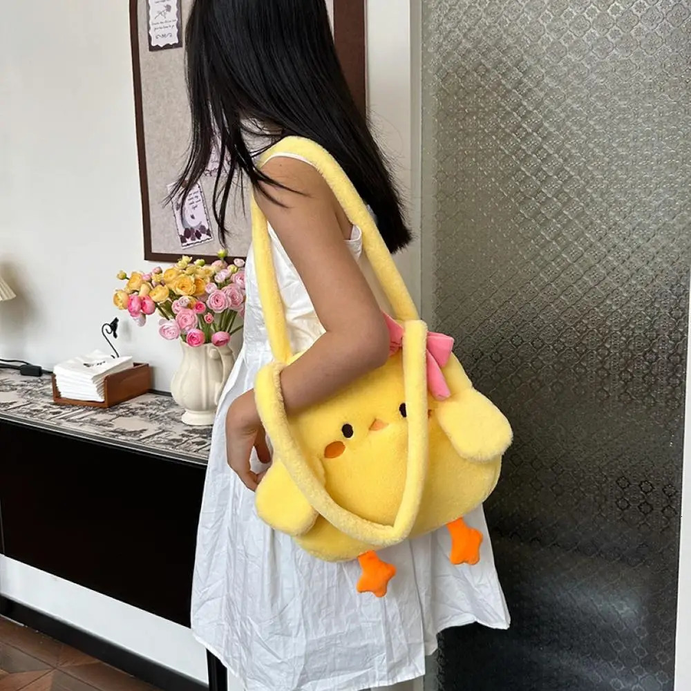 Kawaii Little Yellow Duck Bow Shoulder Bag Cartoon Animal Versatile Plush Handbag Large Capacity Christmas Birthday 250717