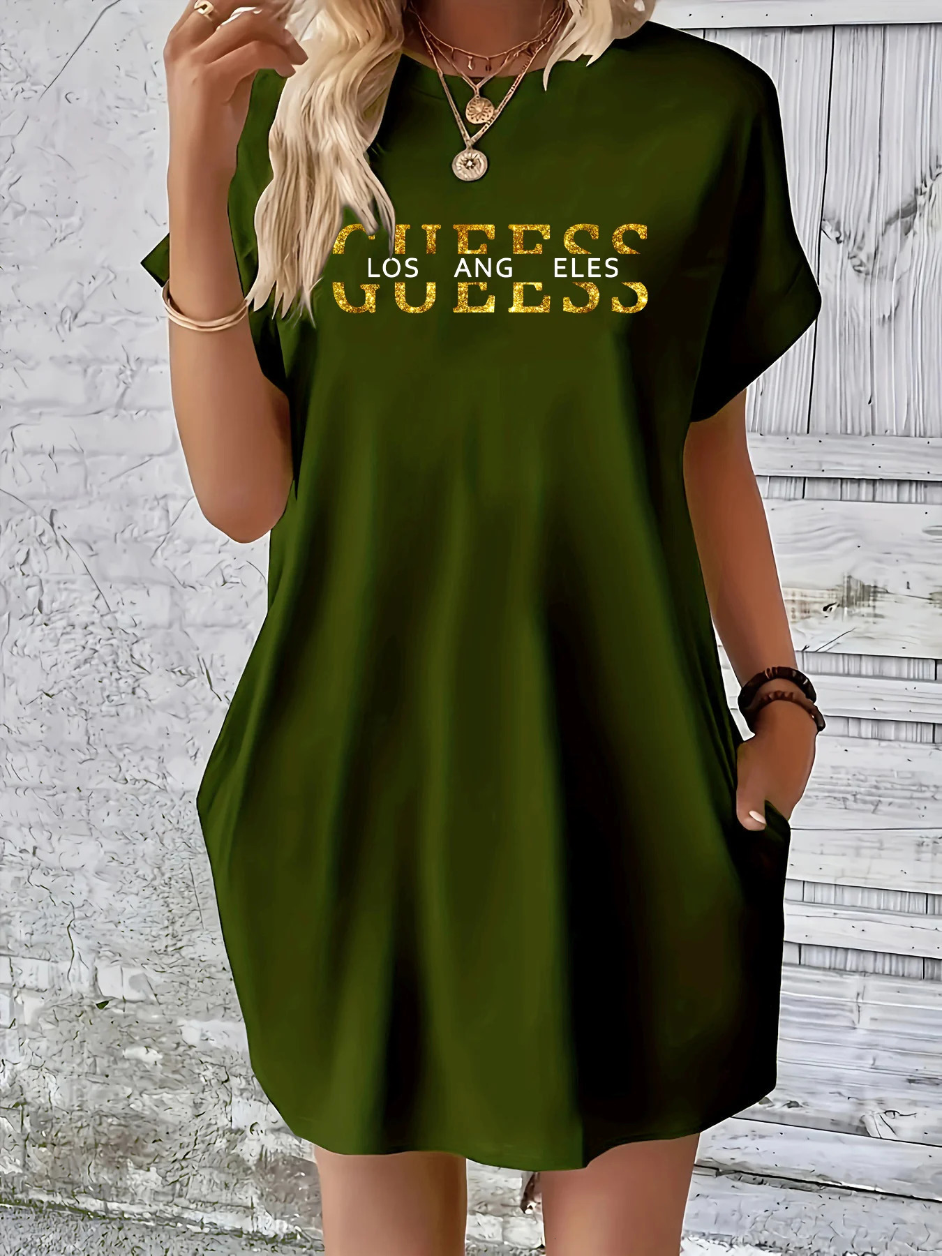 Ladies summer loose GUEESS Los Angeles letter pattern print round neck short sleeved pocket comfortable casual plus size dress 250717