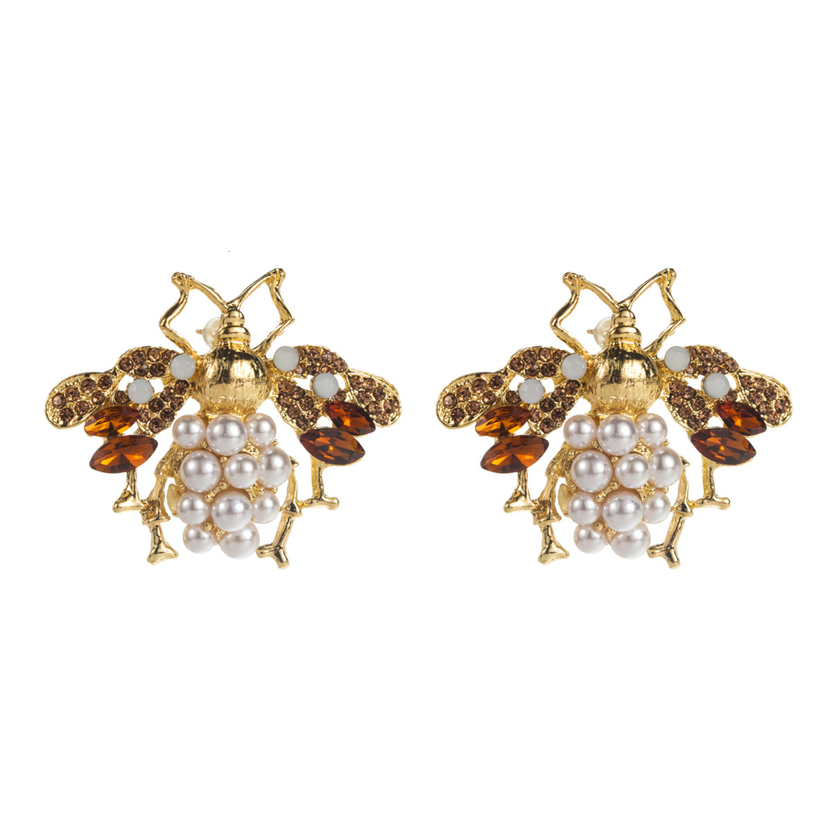New Creative Personality Exaggerated Pearl-Studded Bee Alloy Oil-Drip Seven-Color Insect Earrings S Sier Needle Ear Jewelry ddmythur