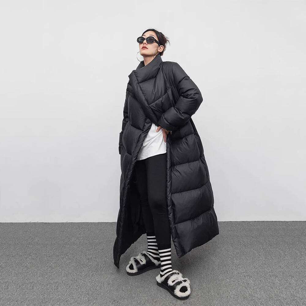 Winter Large Lapel Long Overcoat Women 90 White Duck Loose Knee Length Bread Cotton Quilt Jacket Warm Down Coat MDNG