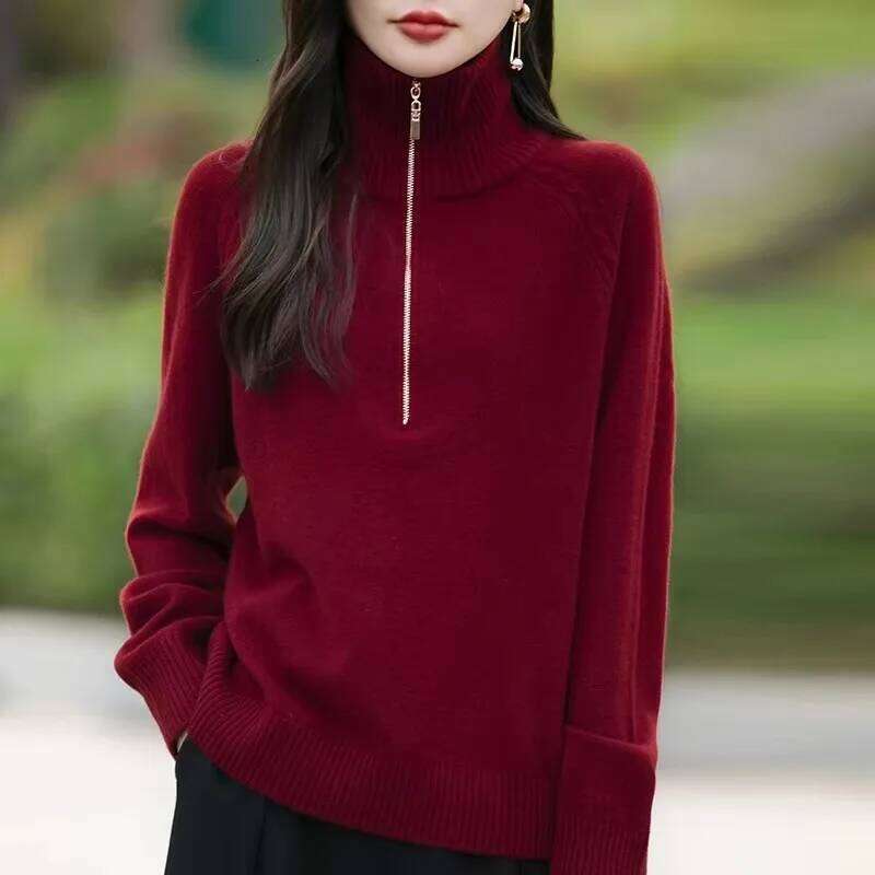 Quality Turtleneck Sweater Women Knitwear Loose Casual Zipper Half Open Collar Pullovers Autumn/Winter Supple Knit Top Keep Warm MDNG