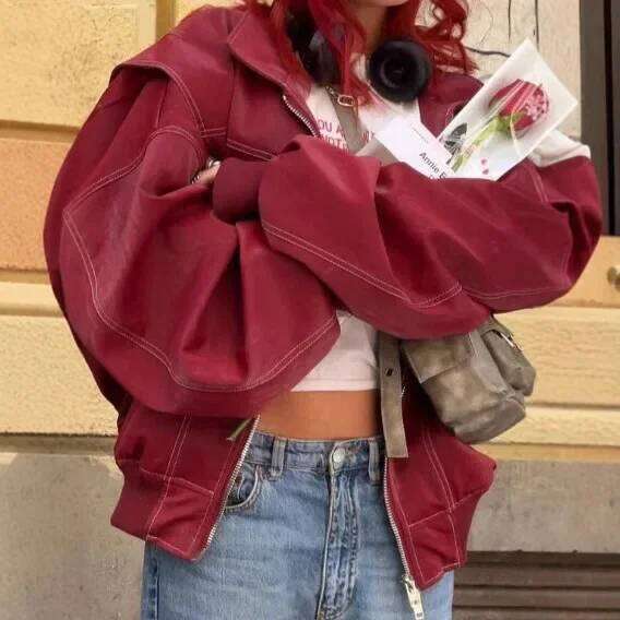 Vintageredzip-up Long Sleeve Leather Jacket Casual Style Lapel Patchwork Autumn/Winter New Arrival From China