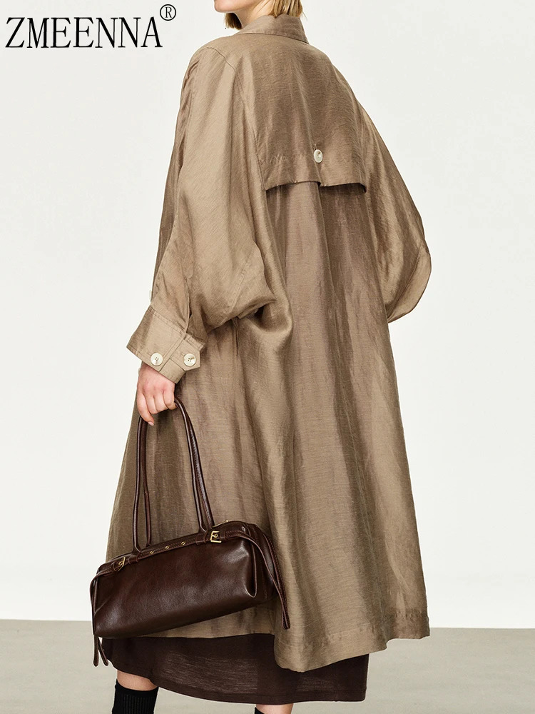 ZMEENNA Womens Lightweight Oversized Draped Trench Coat Long Sleeve Double Breasted Loose Fit Classic Lapel Chic Style ZM1054 250715