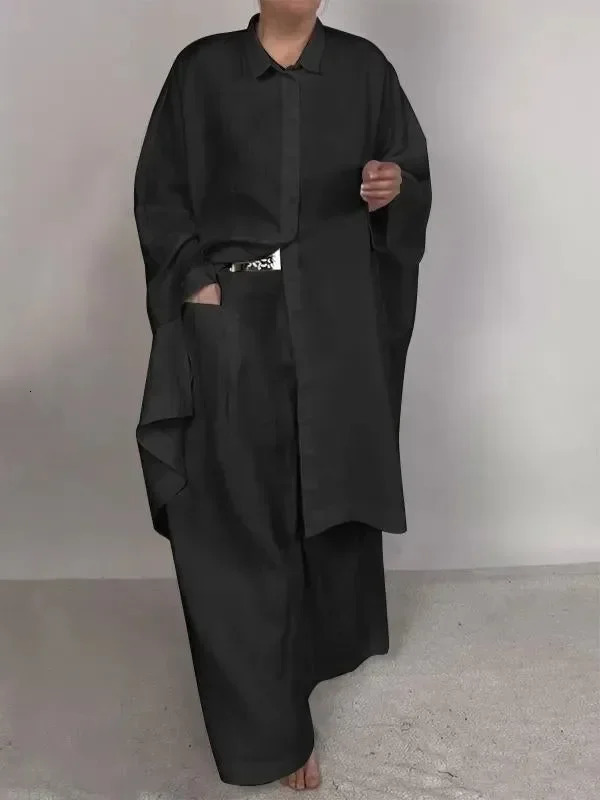 Women 2pcs Clothes Set Loose Solid Color Long Shirt Wide Leg Pants Two-Piece Set Single Breasted 250715