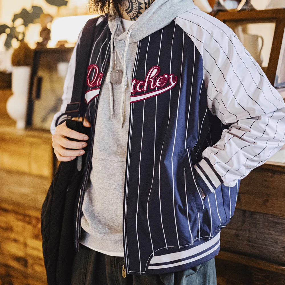 Maden Vintage Striped Baseball Jacket Letter Embroidery Badge ns Colorblocking Casual Outerwear for Mens Spring 250707