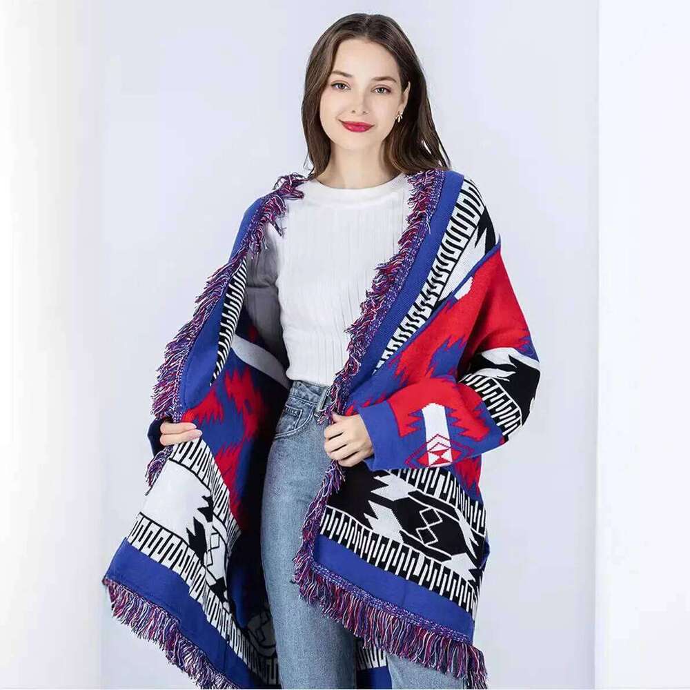Designer Clothing Autumn/Winter Wool-Blend Jacquard Vintage Sweater Cardigan Loose-Fit Boho Fringed Knit Jacket Thickened For Winter Fashion