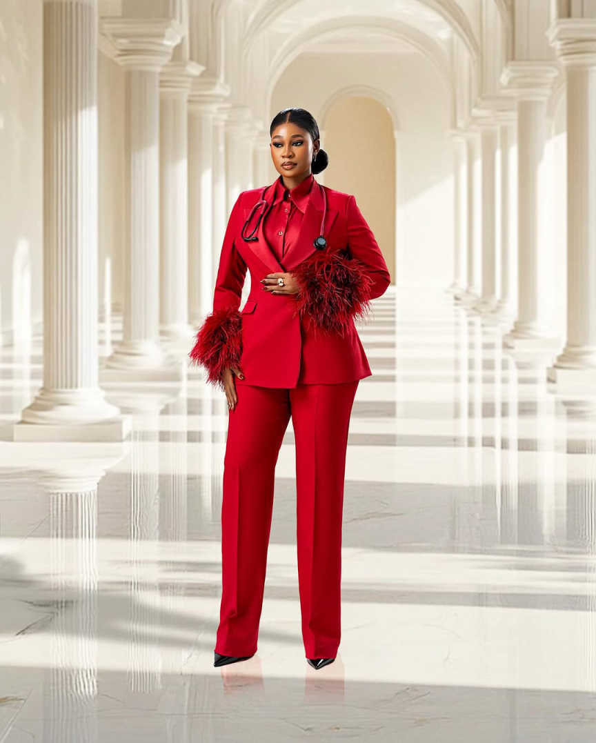 2 Pieces Red Customized Fur Sleeve Women Blazer Dress Ladies Prom Birthday Party Formal Wear Outfit Jacket