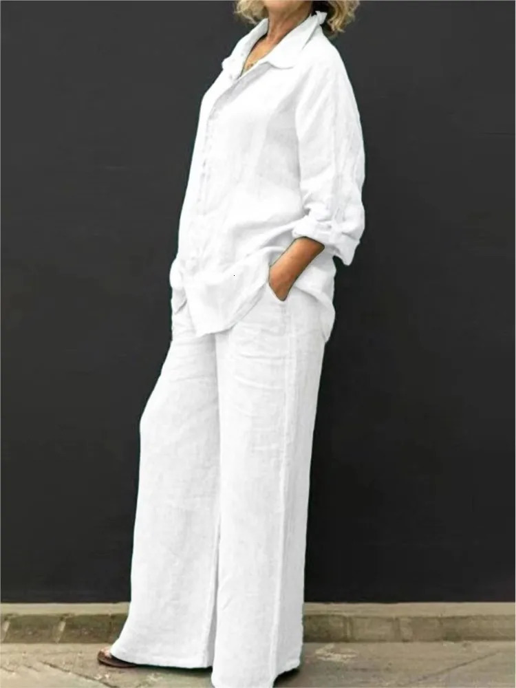 Linen Lapel Two Pieces Set Autumn Vintage Solid Color Long Sleeve Button Shirt Blouse Womens Casual Loose Straight Pants Suits 250714